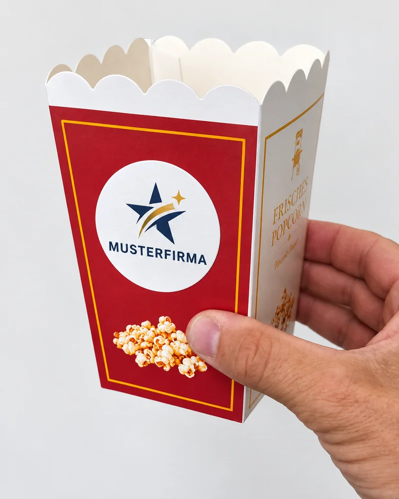 Symbolbild: Popcorn-Becher mit rundem Musterfirma-Logoaufkleber