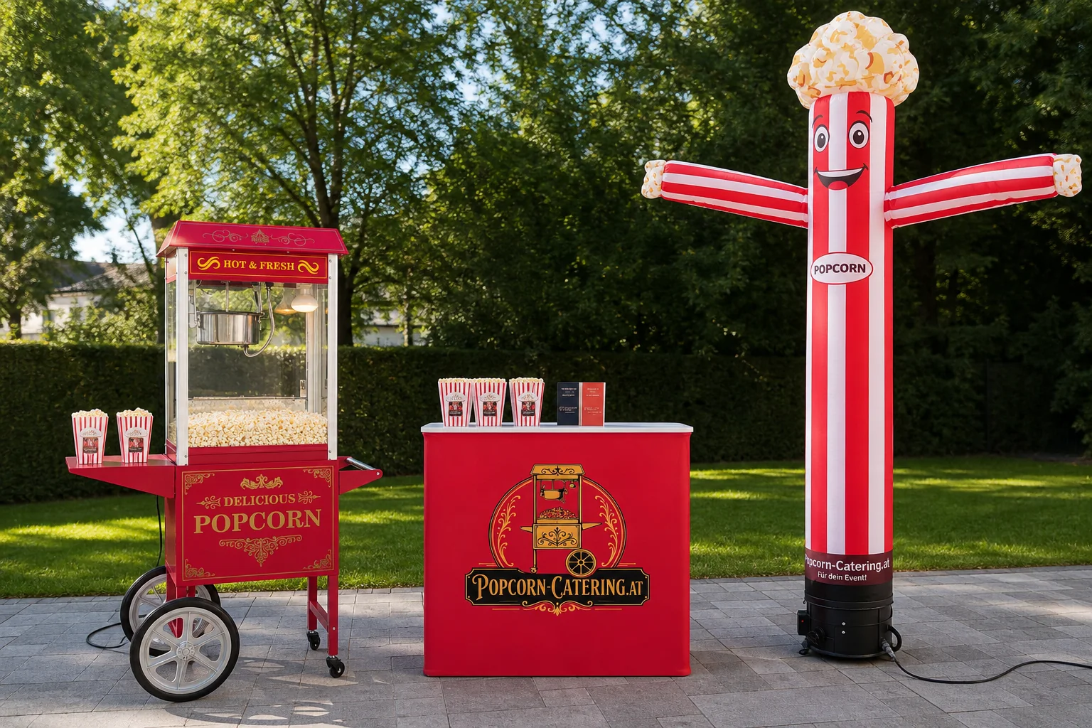 Popcornwagen, Cateringtheke und Popcorn-Werbefigur bei einem Event im Freien